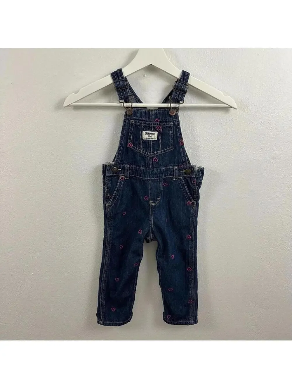 Oshkosh Girls Embroidered Hearts Denim Overalls Size 18M